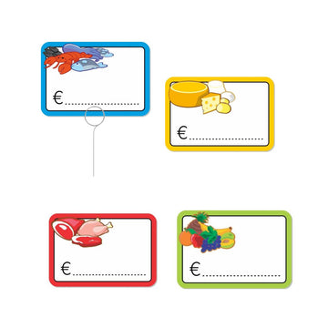 Cartellini gastronomico in pvc per alimenti: blu pesce, giallo formaggio, rosso carne, verde frutta e verdura